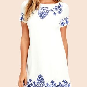 NWT lulus Tale to Tell Blue and Ivory Embroidered Shift Dress